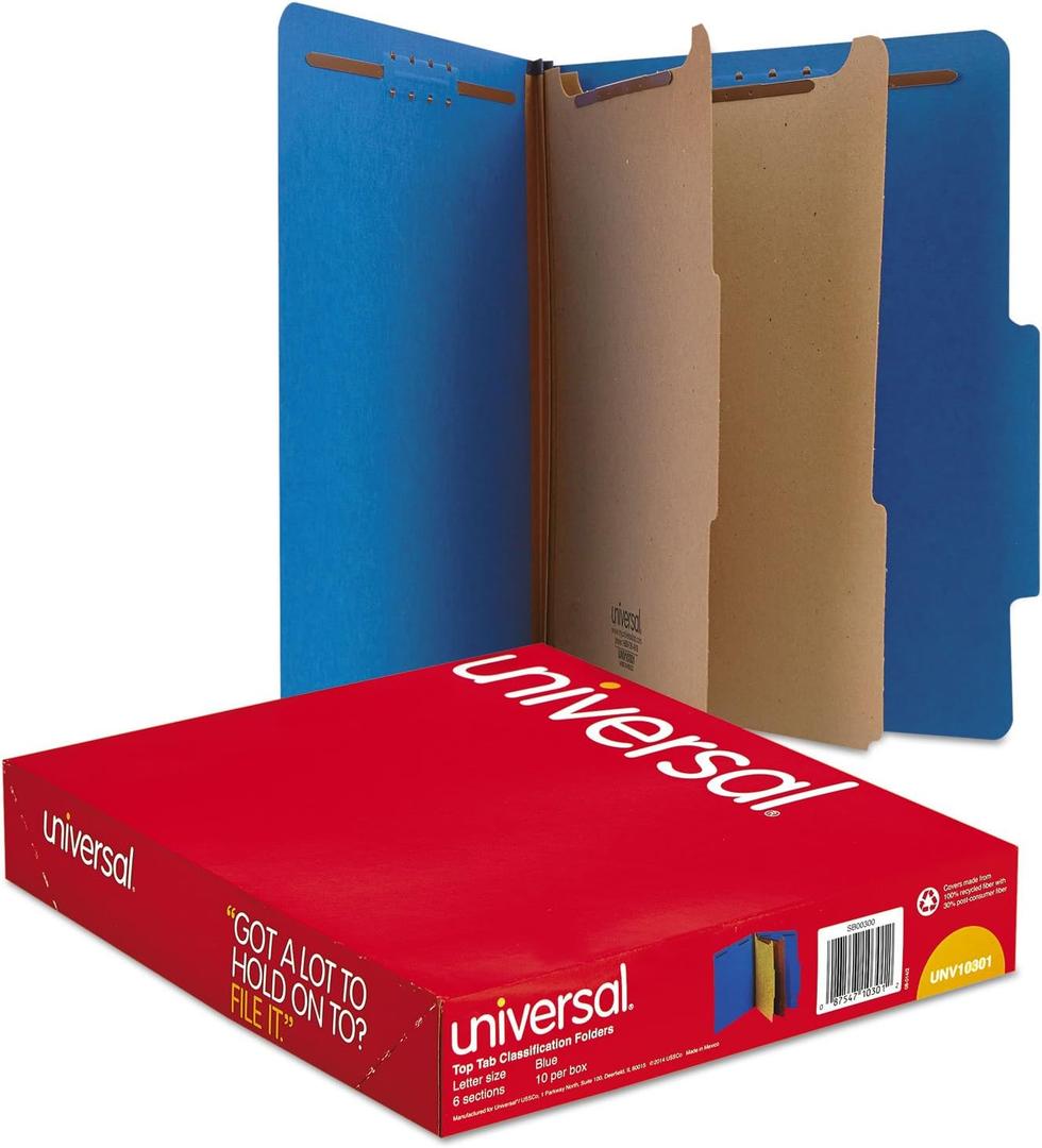 Universal UNV10301 Bright Colored 2-Divider Letter Size Pressboard Classification Folders - Cobalt Blue (10/Box)