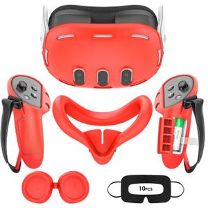 VR Silicone Case for Meta Quest 3, Accessories for Oculus Quest 3, Face Cover, Controller Grips, Shell Cover, Lens Cover, Disposable Eye Cover (Red)