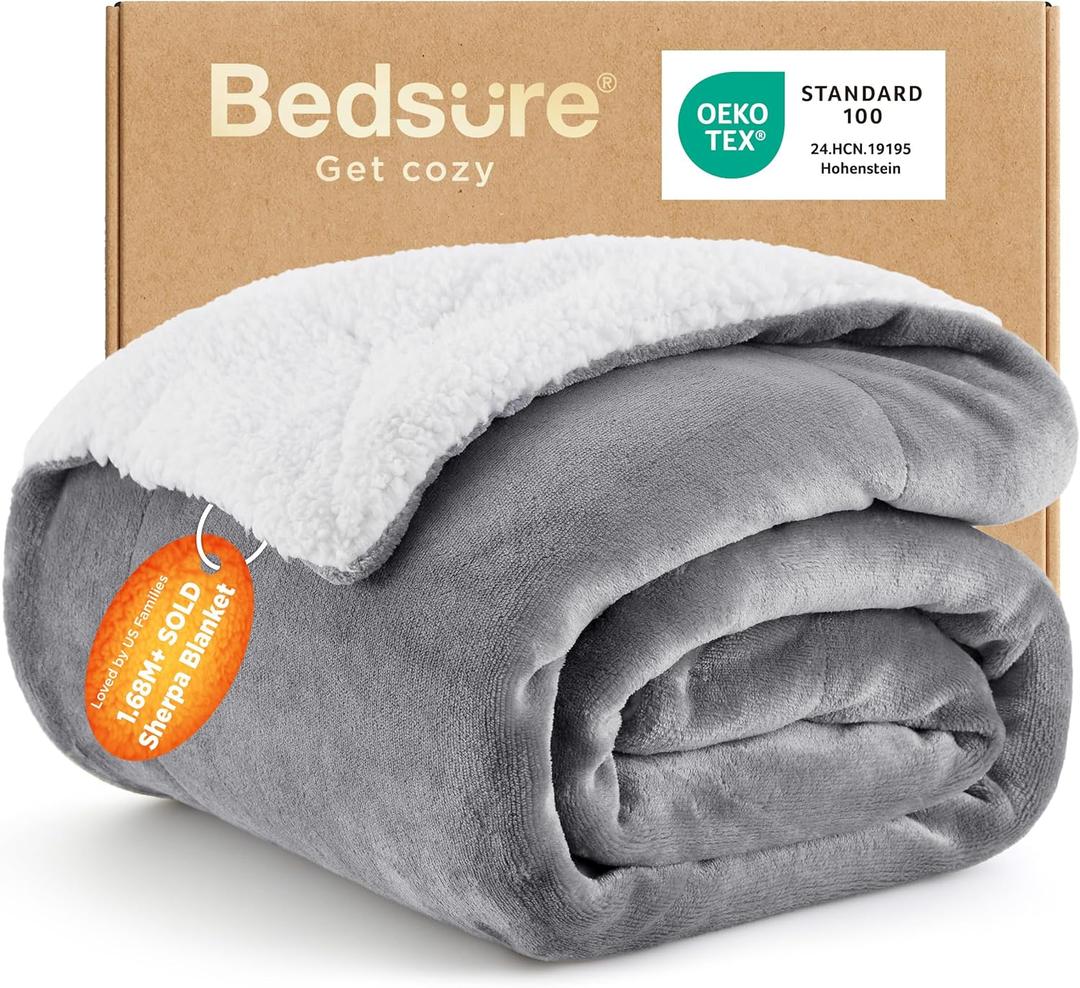Bedsure GentleSoft Sherpa Fleece Throw Blanket for Couch  Thick & Warm Christmas Cozy Blanket for Winter, Non-Heated, Soft Fuzzy Plush Throw Gifts for Women and Men, Grey, 50x60 Inches