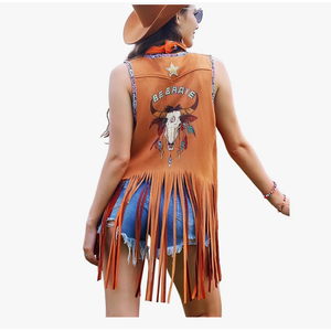 Women Tassel Sleeveless Rhinestone Cowgirl Vest 70s Hippie Faux Suede Fringe Jacket XL