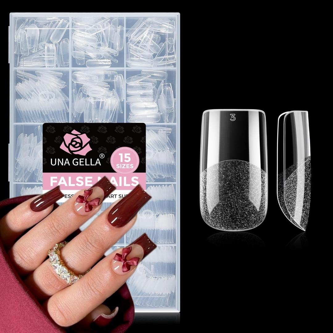 UNA GELLA Square Nail Tips 510Pcs 15 Sizes - No File Needed Pre-Buffed Medium Square Soft Gel Fake Nail Tips Clear Full Cover False Nails Soak Off Acrylic Nail Extensions for DIY Nail Art Salon