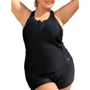 Tankini Top Plus Size Swimsuit Tops Only Fixed Cup Bra Plus Size Bandeau Swim Top Black, Large