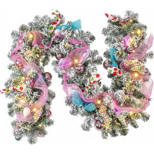 Riceshoot 6 ft Pastels Christmas Garland with Lights for Mantle Pink Candy Xmas Garland Macarons Christmas Decorations for Front Door Fireplace Porch Table Centerpiece Outdoor Party Decor