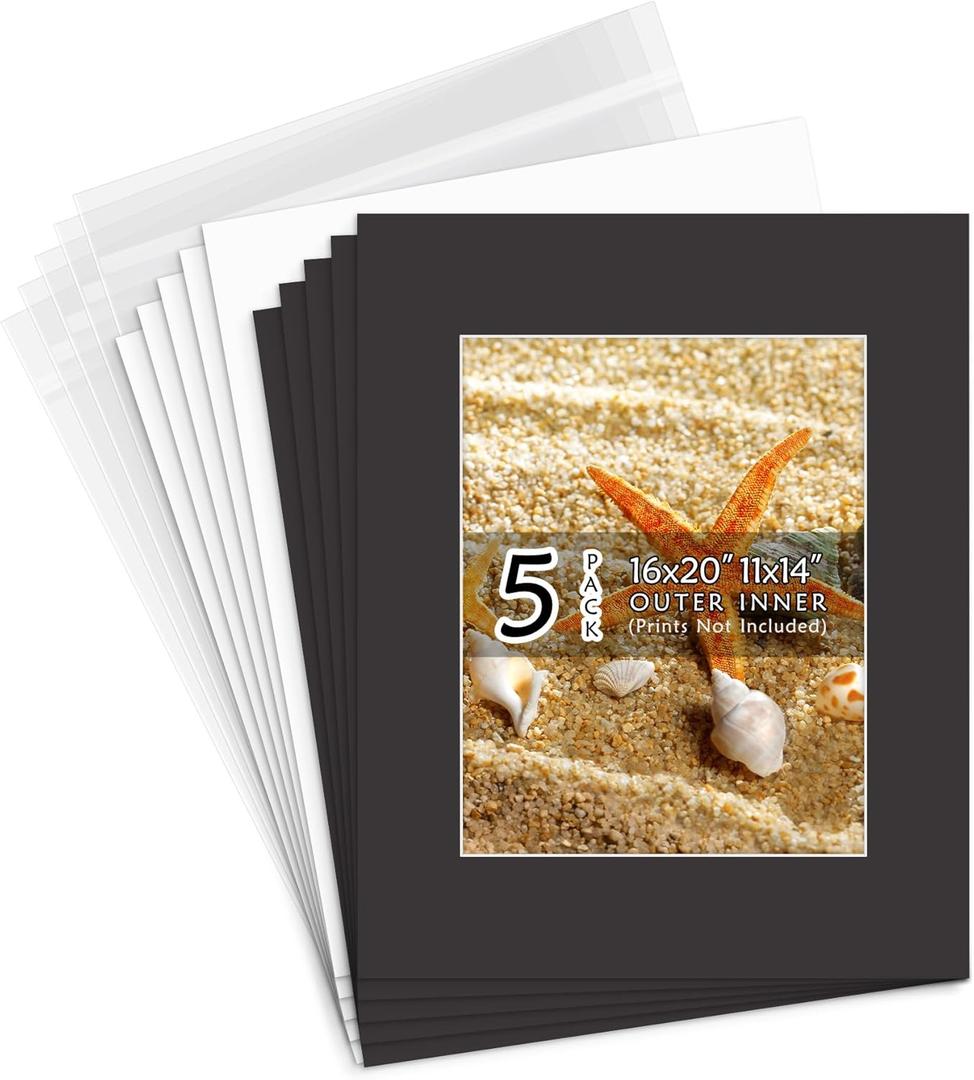 Golden State Art, Acid Free, Pack of 5, 16x20 Black Picture Mats Mattes with White Core Bevel Cut for 11x14 Photo + Backing + Bags