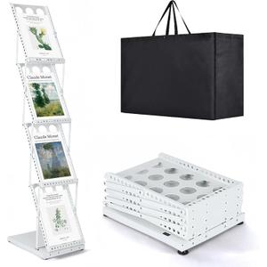 Trade Show Literature Stand Display Rack, Magazine Brochure Catalog Display Stand, Magazine Floor-Standing with Portable Oxford Bag for Office Store Exhibition Trade Show (White)