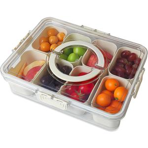 Snackle Box Container 8-Section,Clear Divided Tray w/Secure Lid & Handle,Perfect Organizer for Fruits, Veggies, Candy & Charcuterie,Dishwasher Safe,Ideal for Travel, Parties & Picnics!(1)