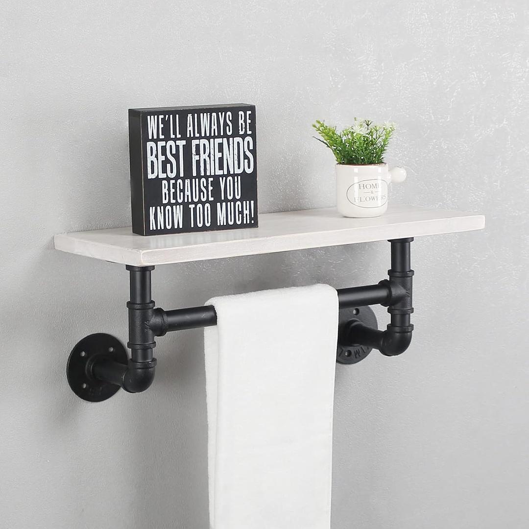 MBQQ Industrial Pipe Shelf Bathroom Shelves Wall Mounted,19.6in Rustic Wood Shelf with Towel Bar,1 Tier Farmhouse Towel Rack,Pipe Shelving Floating Shelves Towel Holder,Black & White