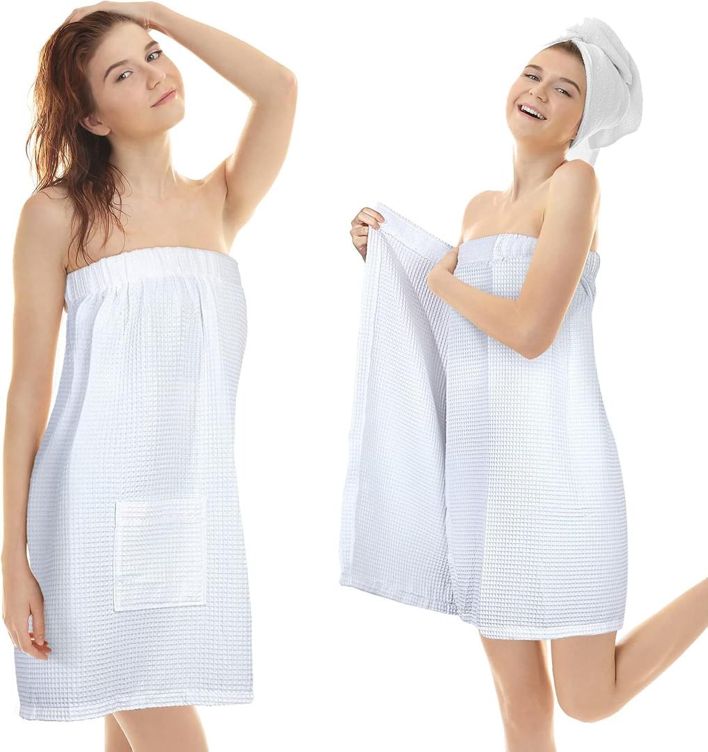 Hercicy 2 Pcs Spa Wraps for Women Waffle Robes Bath Wraps for Shower Lightweight Towel Spa Robe with Adjustable Closure (One Size, White)