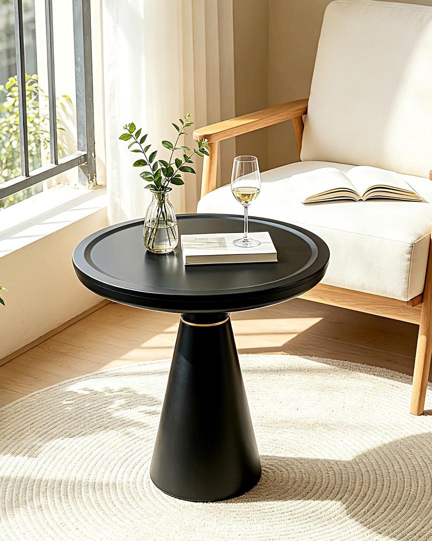 18IN x 21IN Modern Round Side Table, Black Metal Cone Pedestal End Table, Waterproof Decorative Accent Table Small Coffee Table for Living Room Bedroom, Easy Assembly Indoor/Outdoor