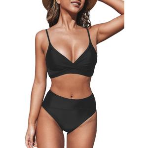 CUPSHE Women's Bikini Sets Two Piece Swimsuit High Waisted V Neck Twist Front Adjustable Spaghetti Straps Bathing Suit (Black, S)