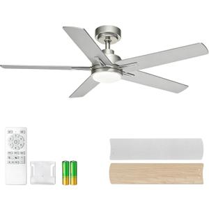 YUHAO 48 Inch Brushed Nickel Ceiling Fan with Light and Remote Control.Noiseless,Dimmable, 3CCT,6 Speeds Reversible, Modern DC Ceiling Fans for Indoor or Covered Outdoor Use,ETL Listed