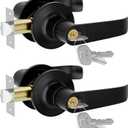 Keyed Alike Door Knob Lock Door Handles with Keys,Front Door Entry Door Lever Lock Set with Single Cylinder Deadbolt Combination Set for Bedrooms,Reversible for Exterior Doors,Black Finished,2Pack