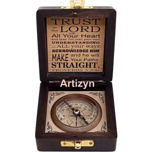 Trust in The Lord with All Your Heart Proverbs 3: 5-6 Quote Religious Compass with Wooden Box, Graduation Day Gifts, Baptism, Confirmation & Communion Compass for Men & Women, Greeting Card Included