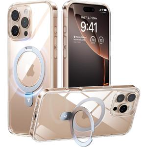 TORRAS Magnetic Clear for iPhone 16 Pro Case with Stand [Compatible with MagSafe] Built-in Kickstand Military Protection Anti-Yellowing Ring Holder Slim Case 6.3" 2024, Crystal Clear Ostand