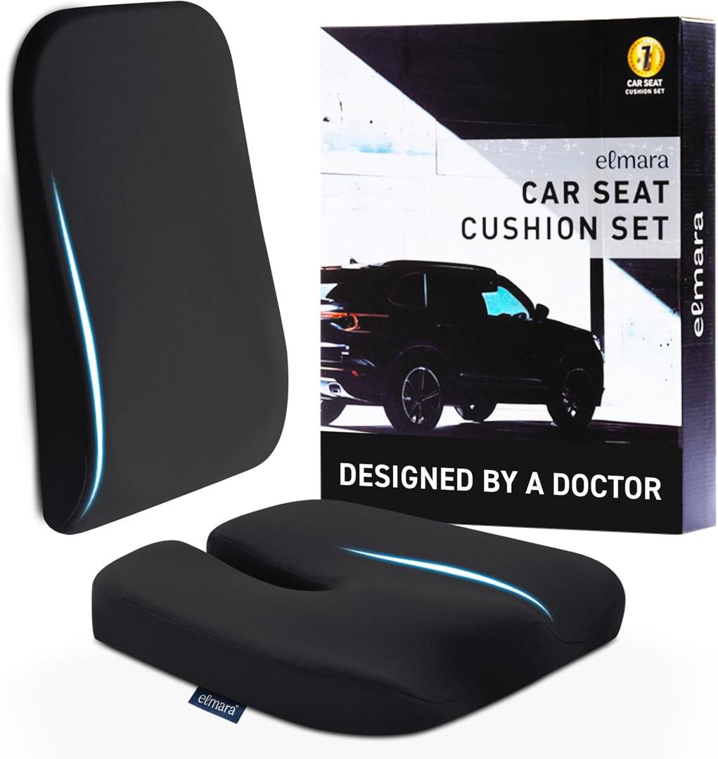 Elmara Doctor-Designed Car Seat Cushions for Driving Car Seat Back Support, Driver Seat Cushion and Back Cushion for Car, Pillow for Driving Seat The Ultimate Comfort Solution for Cars (Black)