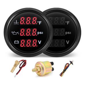 MH Triple Gauge Set - Water Temp (104F-248F), Oil Pressure (0-145PSI), Voltmeter (9-32V), AUTO Gauge with Sensors 2" 52mm 3-in-1 Boat Marine Meter Kit (Black)