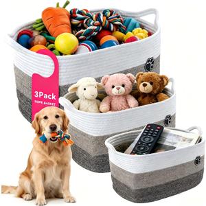 3Pack Storage Basket Set (S/M/L), Rope Basket with Handles, Machine Washable, Dog Toy Bin for Pet Toy Storage, Toys Nursery, Home Storage, White, Brown