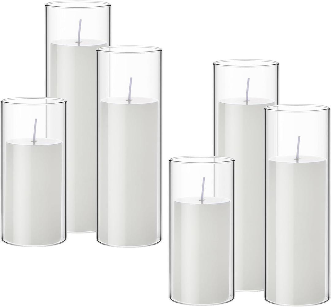 Shihanee Set of 6 Pillar Candles and Glass Cylinder Vases Clear Cylinder CandleHolders for Slim Tall Pillar Candles Wedding Centerpieces (3.4'' X 7", 9.8", 11.8", White)