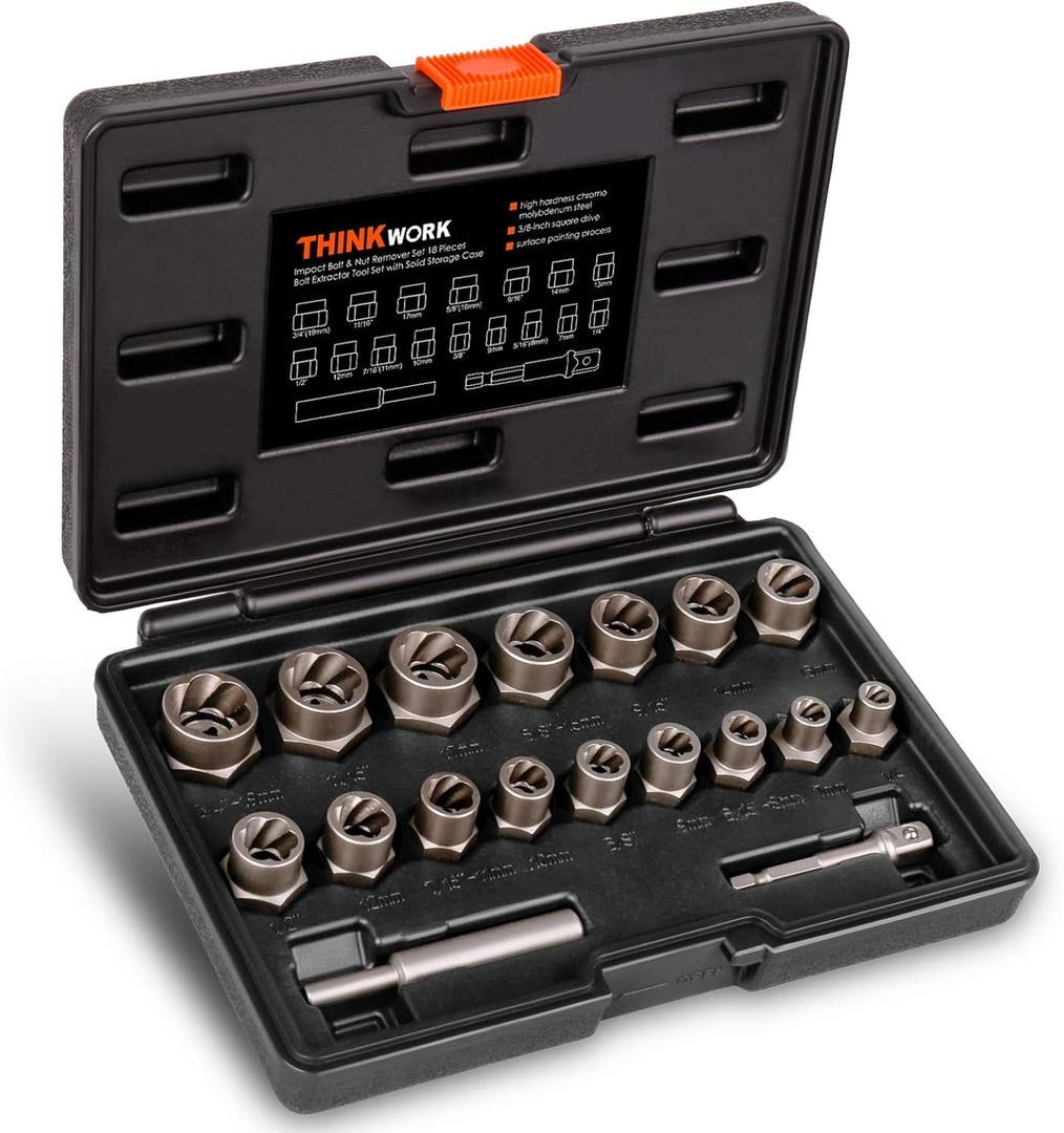 THINKWORK Bolt Extractor Kit, 18-Piece Nut Extractor Socket Set, 3/8" Drive Rounded Bolt Remover, Lug Nut Removal Tool for Damaged, Rusted, Rounded-Off, Stripped Fasteners