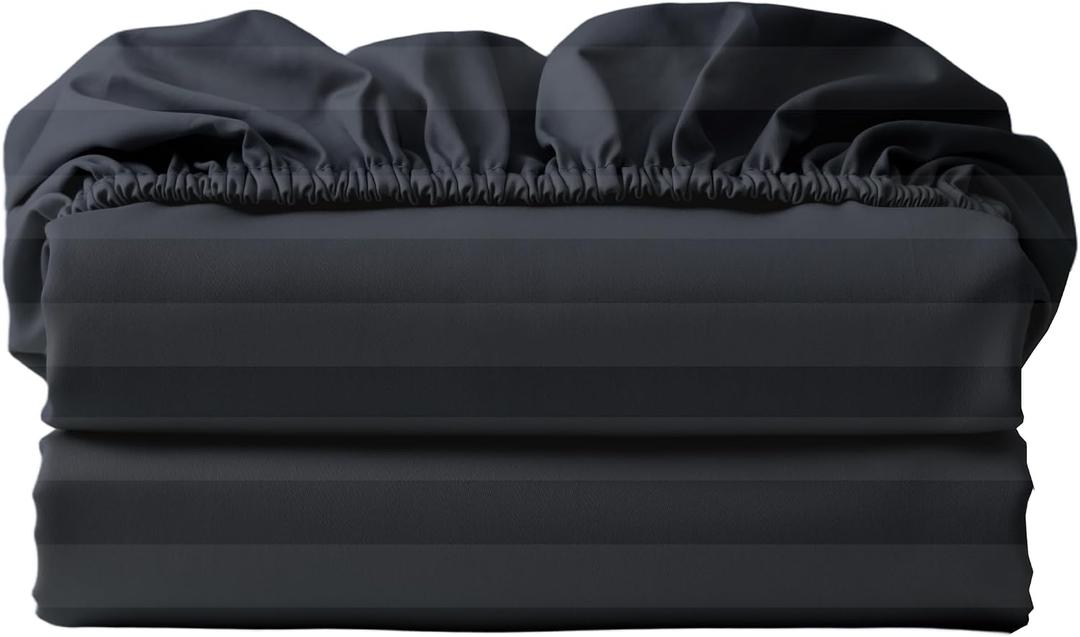 2-Pack 100% Egyptian Cotton Fitted Sheet TwinXL Size, 600 Thread Count Cotton Fitted Sheet Only,8-16" Deep Pocket Sheet, Soft & Elastic Sateen Weave Bottom Sheet (Black-Stripe)