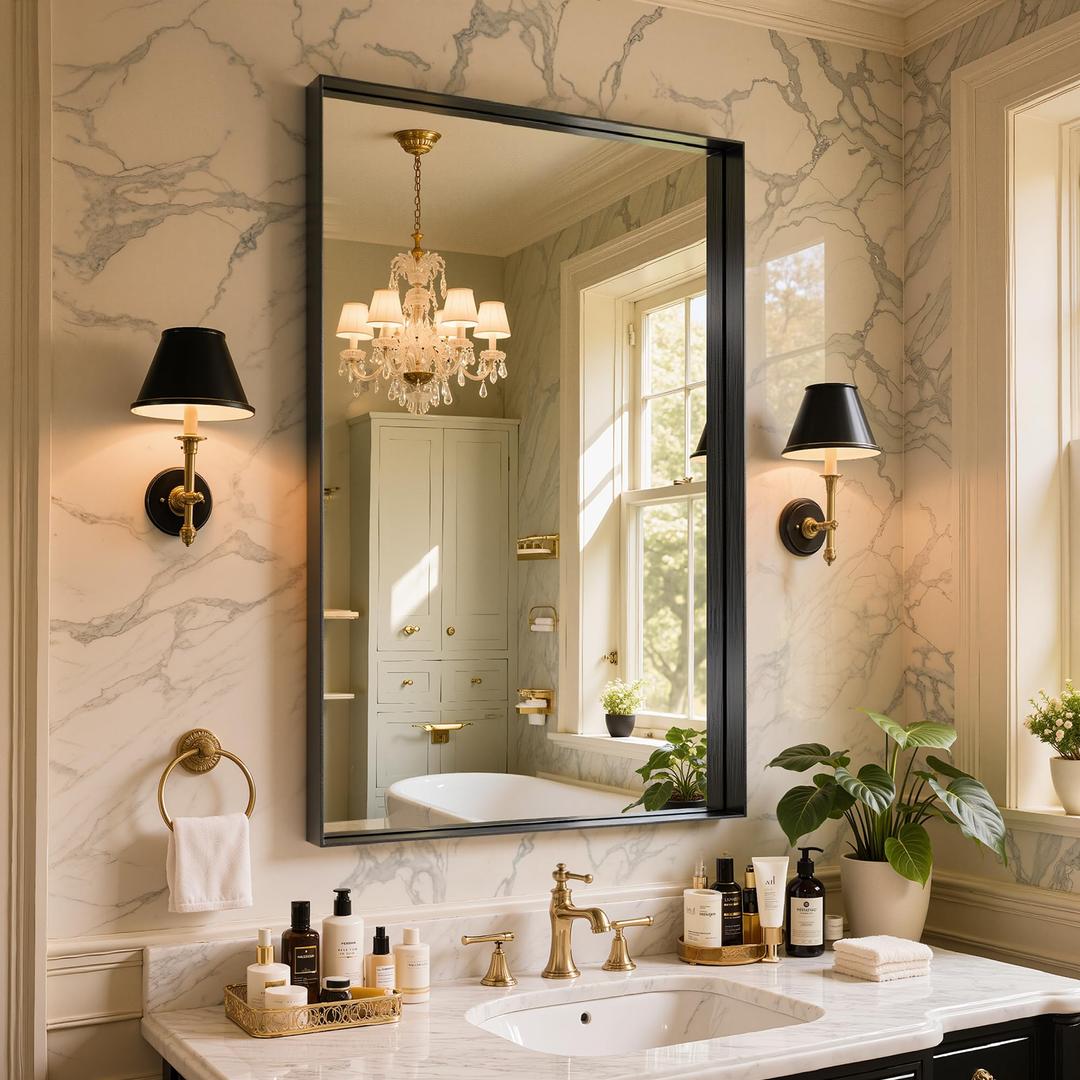 Bimno Bathroom Mirror 55"x30",Black Framed Large Mirrors for Wall, Aluminum Metal Frame Modern Vanity Mirror for Bathroom, Bedroom, Living Room, Over Sink, Entryway Hangs Horizontal or Vertical