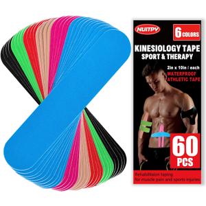 60PCS Precut Kinesiology Tape Strips, 6 Colors 2 inch x 10 inch Cotton Athletic Tape, Kinetic Tape, Elastic Muscle Tape, Sports Tape, Knee Tape for Exercise and Daily Use