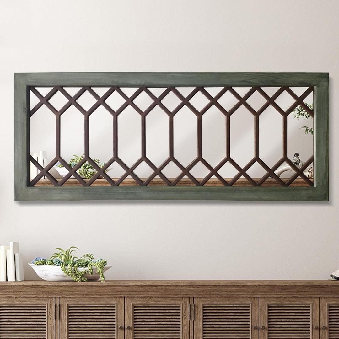 Farmhouse Mirror Decorative Rustic Wall Mirror Large Vintage Wooden Framed Wall Decor for Bedroom, Living Room,Entryway,43.3X 17.7inch (Green)