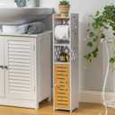 Toilet Paper Holder Stand: Bathroom Stand with Toilet Paper Holder Insert, Slim Storage Cabinet for Small Space (30''H (Pro Rod), White/Bamboo)