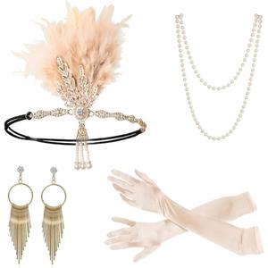 Gionforsy 1920s Flapper Set Roaring 20s Gatsby Accessories for Women Feather Headband 1920s Flapper Girl Accessories (Beige)