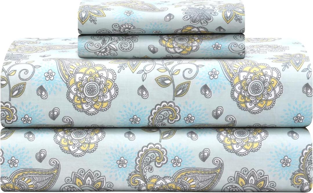 Feather & Stitch Softest 100% Cotton Sheets, 300 Thread Count Percale Weave Bedding, 16" Deep Pocket, Cooling Sheets, Breathable Bed Set, Hotel Premium Quality (Full, Aqua Paisley)