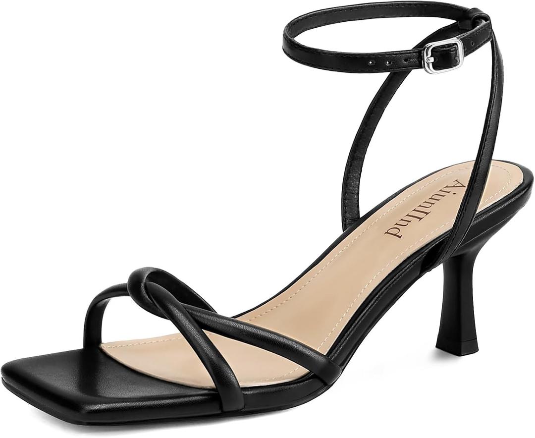 AIUNIIND Kitten Heels for Women, Square Open Toe Heeled Sandals, Strappy Ankle Strap Shoes for Dress, Party, Low Heel, Black, Size 8.5