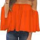 Bluetime Women Summer Off Shoulder Chiffon Blouse Ruffles Short Sleeves Tops Casual T Shirt (Orange, L)