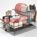 Dish Drying Rack, Stainless Steel 2-Tier Dish Rack with Cup Holder Utensil Holder Cutting Board Holder Knife Holder with Drainboard Black
