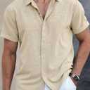 Men's Button Down Shirt Short Sleeve Casual Summer Beach Business Shirt (Beige), Size Medium