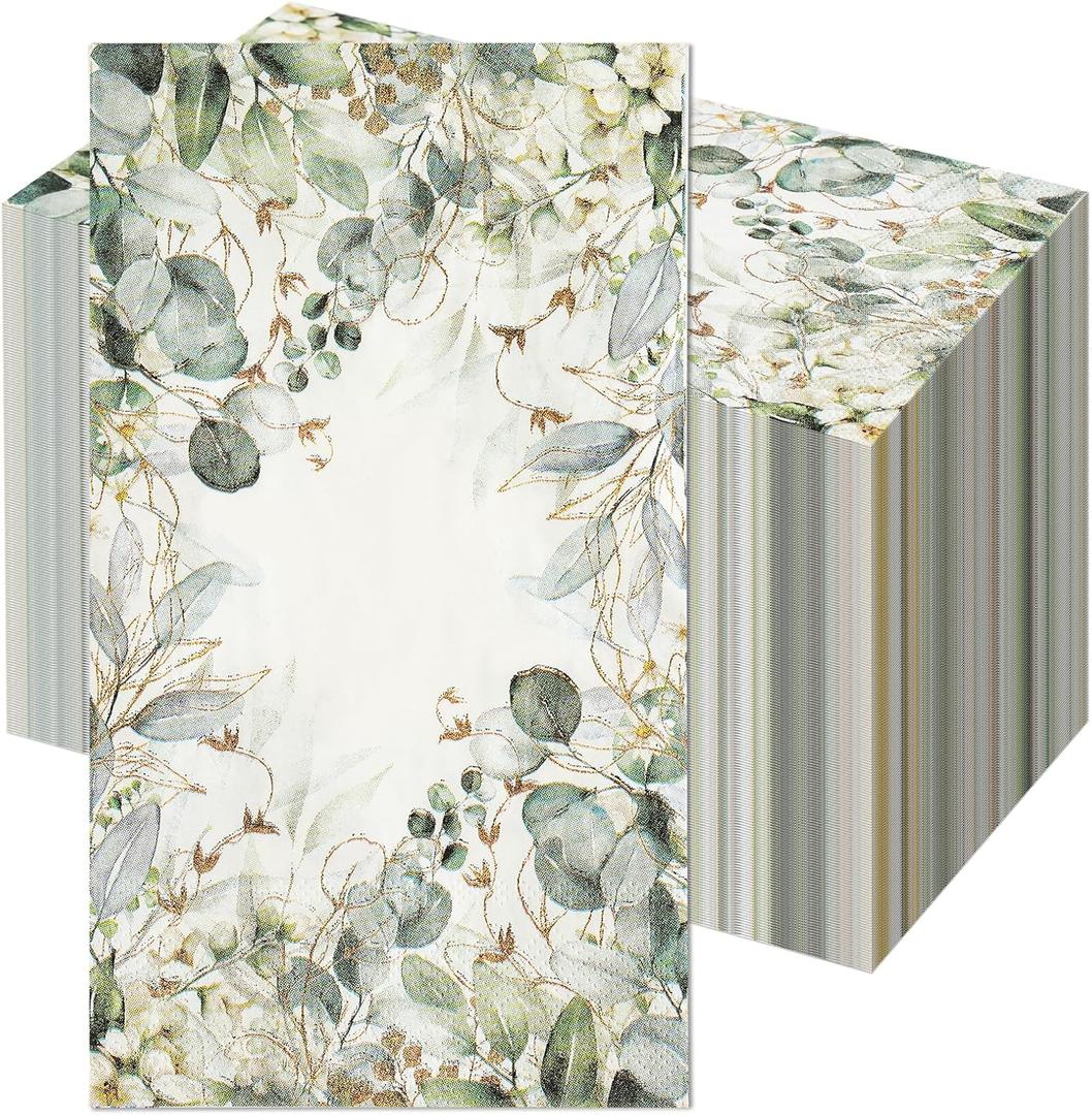 Greenery Floral Paper Hand Towels for Bathroom 100PCS Disposable Guest Flower Napkins with Leaf Design, Decorative Dinner Napkins for Wedding Birthday Bridal Shower Baby Shower Party & Table Decor (4X8Inches)