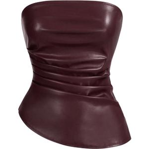 SOLY HUX Women's PU Leather Tube Top Strapless Ruched Asymmetrical Bandeau Tops Rave Concert Outfit, XS