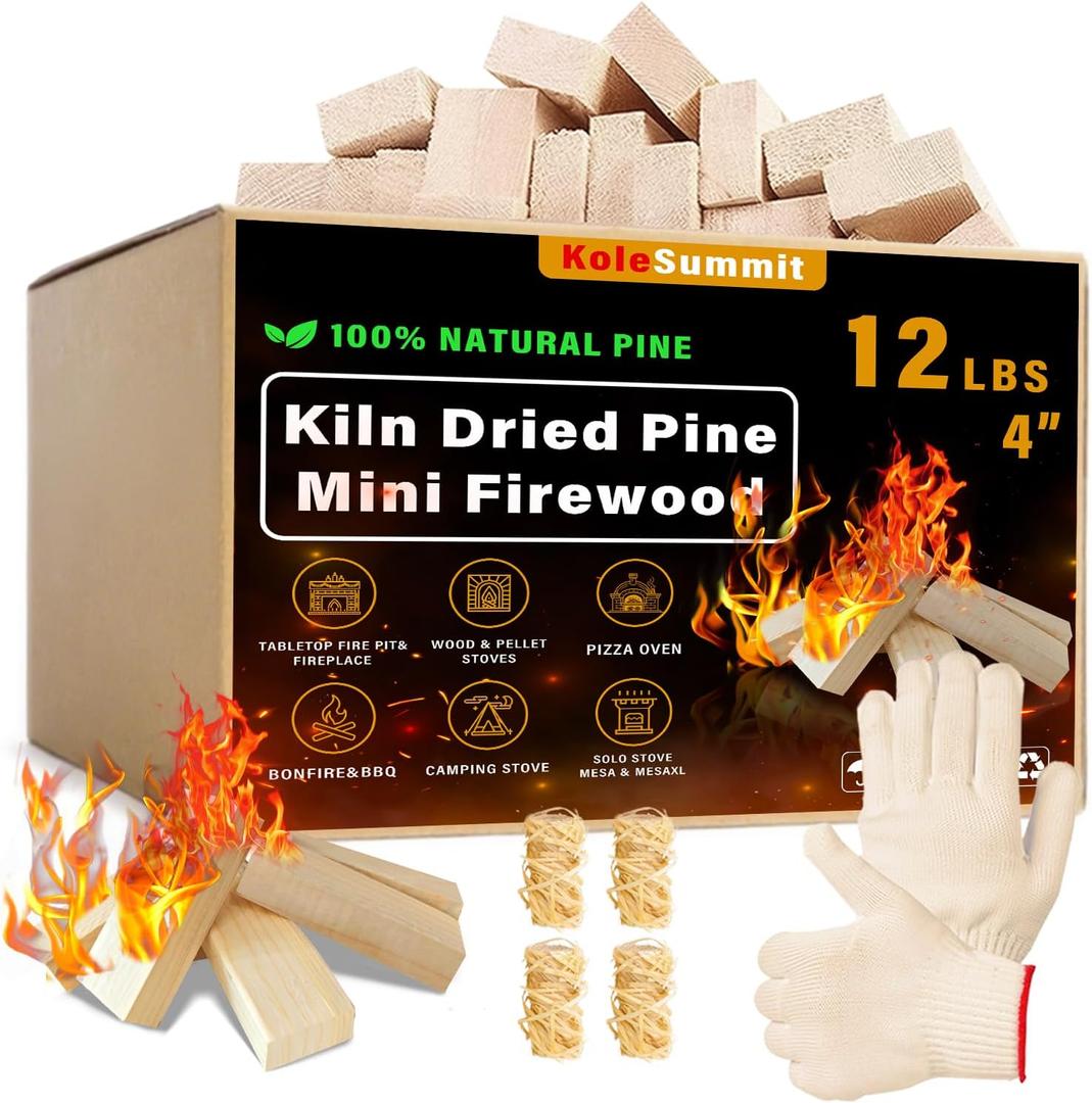 Mini Firewood Fire Stick with Fire Starters&Gloves 4" Kiln-Dried Pine Firewood Small Barkless Kindling Logs for Long-Lasting Tabletop Fire Pit Solo Stove Pizza Oven BBQ Grill 12 lb Box