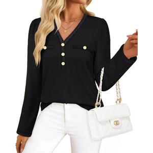 Triratna Shirts for Women Dressy Casual - V Neck Tweed Texture Fall Tops for Women 2025 Trendy - Black Long Sleeve Blouses for Womens Business Casual Shirts Formal Clothes Church Funeral Outfit XL (Black, XL)