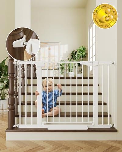 Cumbor 29.7-46" Baby Gate for Stairs, Toddler Safety Essentials for The House, Auto Close Dog Gate for Doorways, Mom's Choice Awards Winner-Easy Install Pressure Mounted Pet Gates for Dogs, White