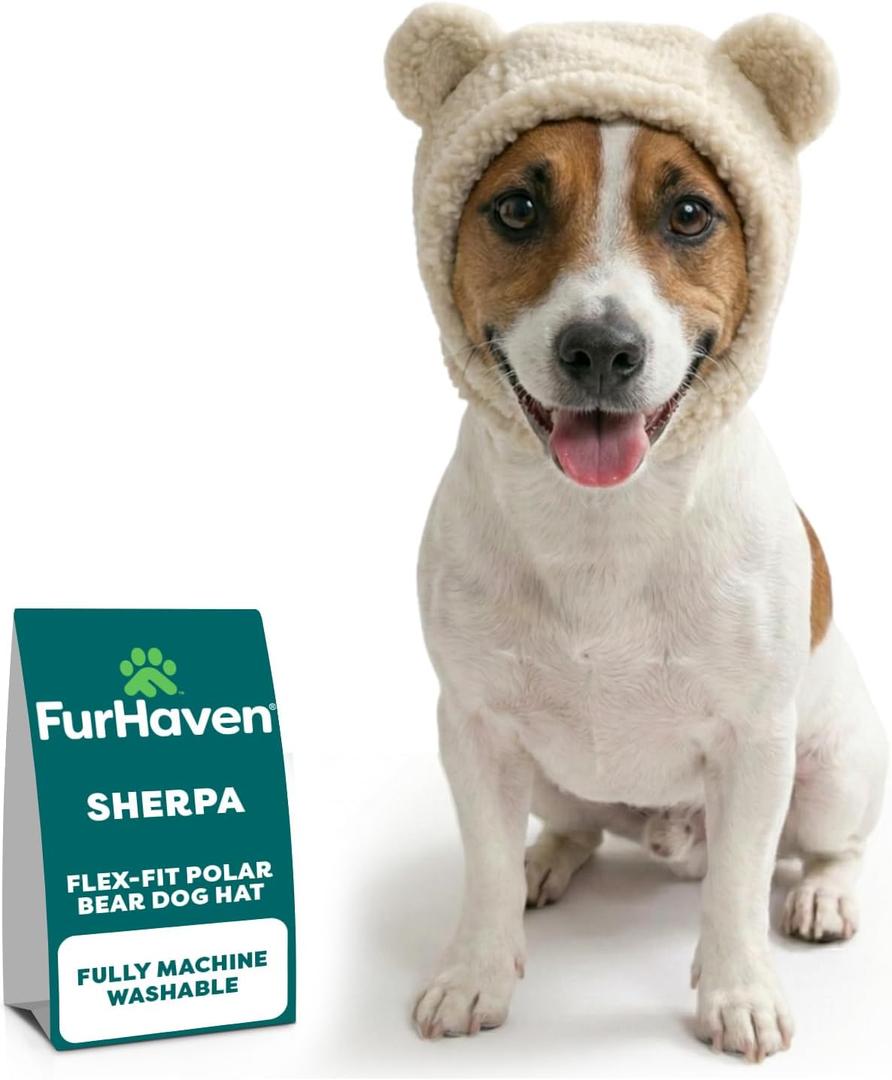 FurHaven Dog Winter Hat for Small Dogs, Sherpa Flex-Fit Polar Bear Beanie with Ear Holes for Cold Weather Warmth, Adjustable Hook & Loop Strap, Fleece Lined & Washable, Small, Cream