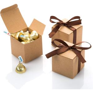 AWELL Kraft Gift Candy Box Bulk 2x2x2 inches with Brown Ribbon Party Favor Box, Pack of 50