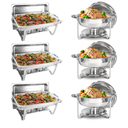 Chafing Dish Buffet Set 6 Packs, 5QT Round& 8QT Rectangle Stainless Steel Chafer for Catering, Chafers and Buffet Warmer Sets w/Food & Water Pan, Lid, Fuel Holder for Event Party Holiday