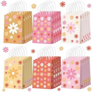 Glenmal 24 Pcs Daisy Gift Bags Bulk Boho Floral Party Favors, Daisy Flower Goodie Bag with Handles for Spring Wedding Birthday Party Decorations Supplies, 6 Styles
