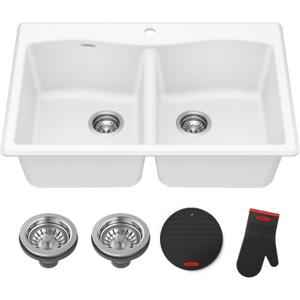 KRAUS Forteza 33-inch Granite Drop In/Undermount 50/50 Double Bowl White Kitchen Sink, KGD-52WHITE