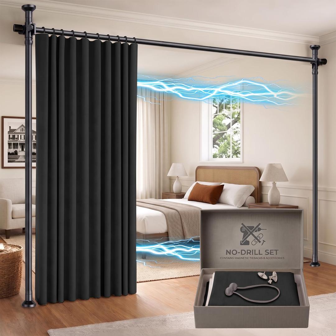 GONNRLY Room Divider Curtains, No Drill Privacy Curtain Set with Retractable Rod, Tool-Free Blackout Room Divider for Bedroom Black-100 W x 96" L(Pack of 2)