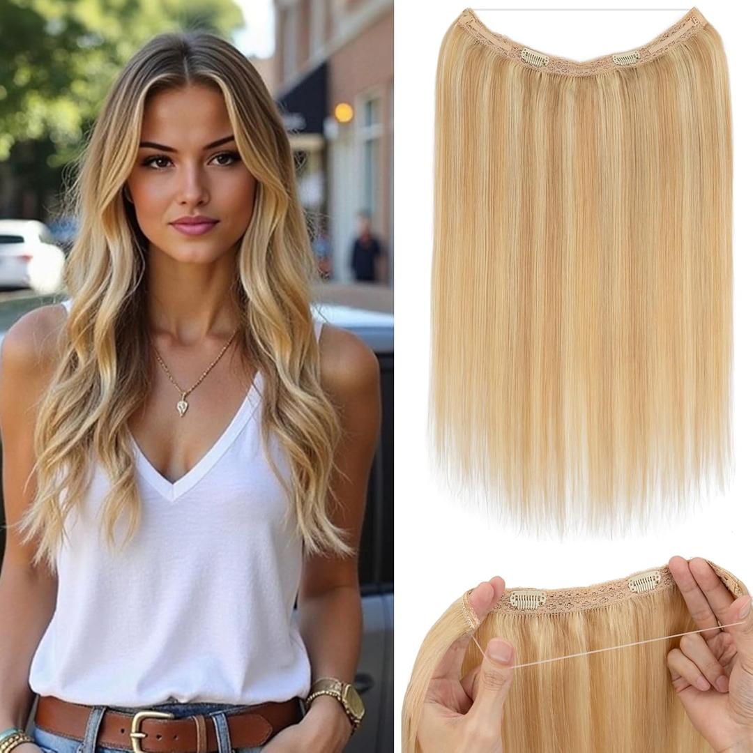 Rich Choices Halo Hair Extensions Real Human Hair Remy Hairs Halo Extension for Women Invisible Wire One Piece Clip in Hairpiece 16 Inch Straight-#18P613 Ash Blonde Highlight Bleach Blonde