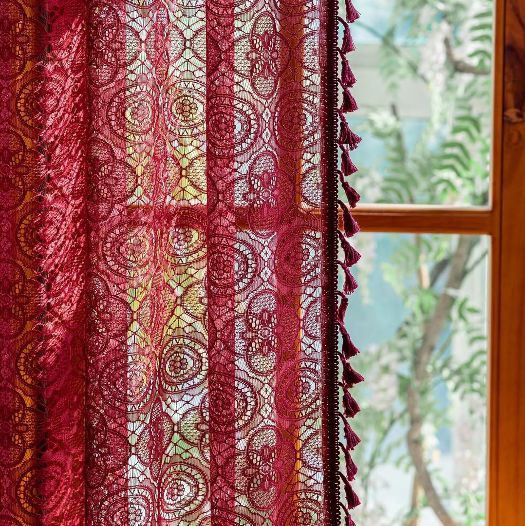 Burgundy Curtains for Living Room 2 Panels Cottage Maroon Tassel Lace Curtain Panels 96 Inches Long Boho Wine Macrame Curtains Xmas Christmas Farmhouse Themed Winter Dcor 8ft 52"W x 96"L Red