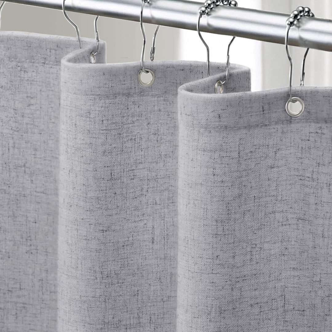 XOGUIBO Linen Shower Curtain Flax Grey, Fabric Boho Farmhouse Shower Curtains for Bathroom Cotton Natural Cloth Liner Set 72" W x 72" L