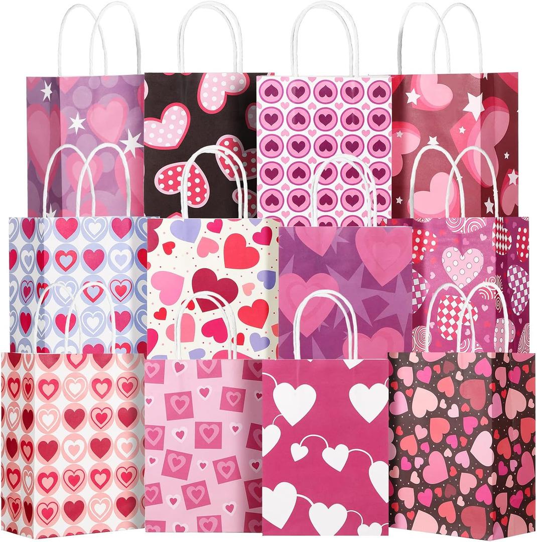 Yexiya 48 Pcs Valentine's Day Paper Gift Bags Bulk Heart Goodie Treat Valentines Party Favor Bags with Handle for Gift Wrapping Party Spuulies