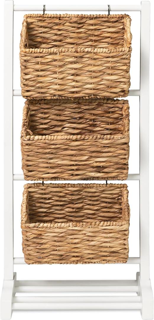 HOMESTEAD 3-Tier Wooden Shelf with Water Hyacinth Woven Baskets  Rattan Shelf Basket, Boho Room Decor, Wooden Book Shelf, Bathroom Storage Shelves, Kitchen, Laundry, Living Room (White)
